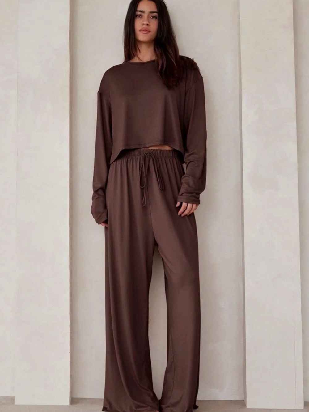 Bumpsuit Chocolate Brown Wide Leg Cloud Pants Crop Long Sleeve Tee Shirt NWT - Picture 1 of 7